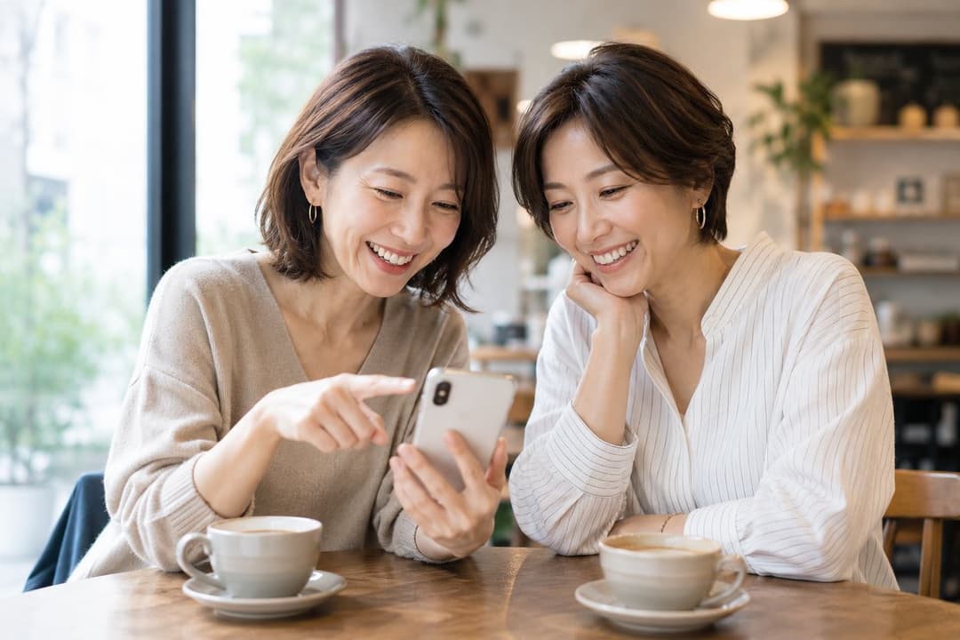 カフェでスマートフォンを見る女性たち